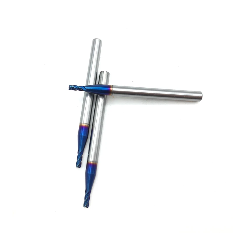 Fresa de 1mm HRC65, 4 flautas, D1 x 3 x D4 x 50L, 4T, carburo sólido, fresado con revestimiento de nACo y azul