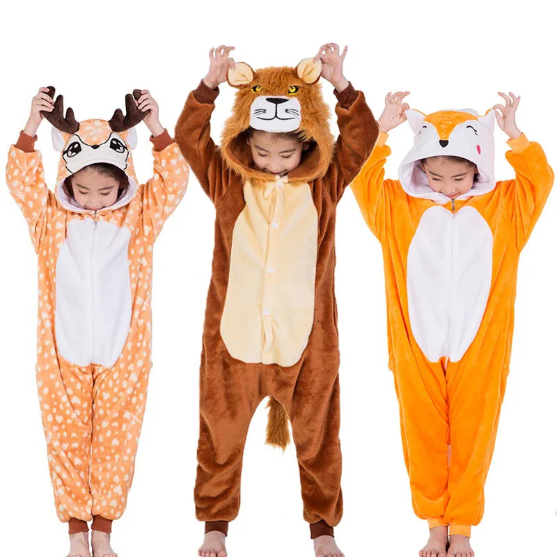 

Lion Fox Deer Kigurumis For Kids Boy Girl Pajamas Flannel Button Style Onesie Cute Funny Animal Suit Christmas Festival Gift