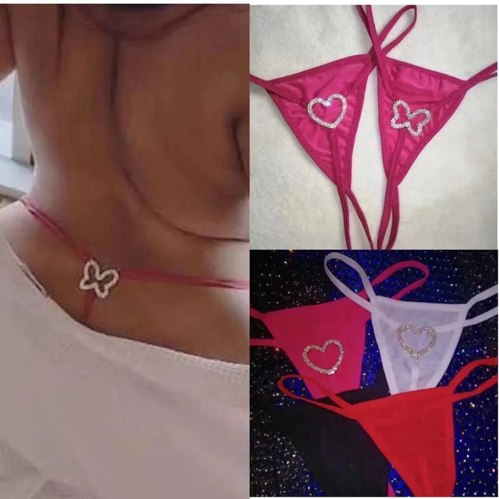 2021 Unique Rhinestone Heart Butterfly $ Elastic Underwear Thong Body Jewelry for Women Luxury Crystal Sexy Lingerie Hot Panties