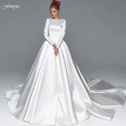 Funyue Elegant Muslim Wedding Dress Long Sleeve Luxury Satin Chapel Train Gorgeous Ball Gown Bride Dress Plus Size Mariage