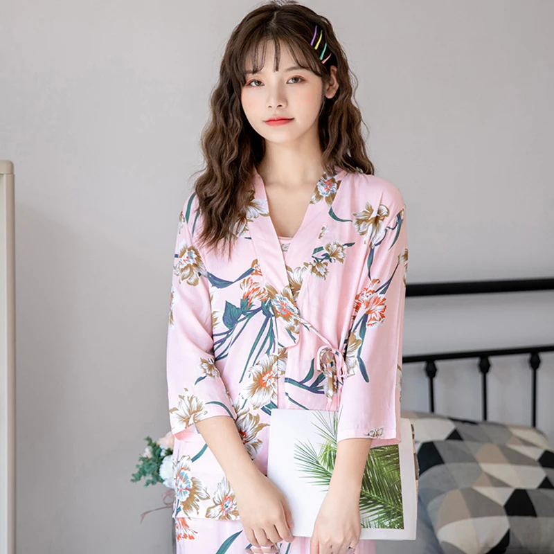 Traje de casa casual para mujer Conjunto de bata de pijama para mujer, traje de dormir, pijama con estampado de flores, ropa de casa para mujer,