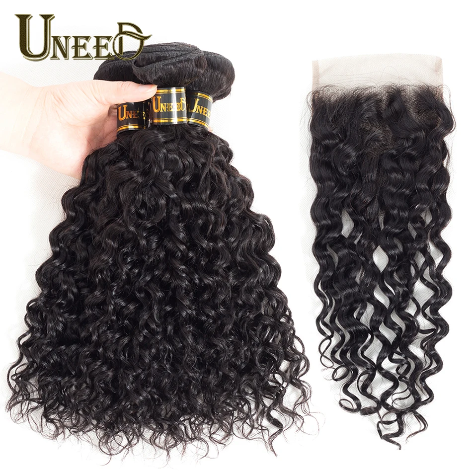 

Uneed Hair Peruvian Hair Bundles With Closure Water Wave Bundles With Closure Lace Closure Remy 100% Human Hair Weave for Woman