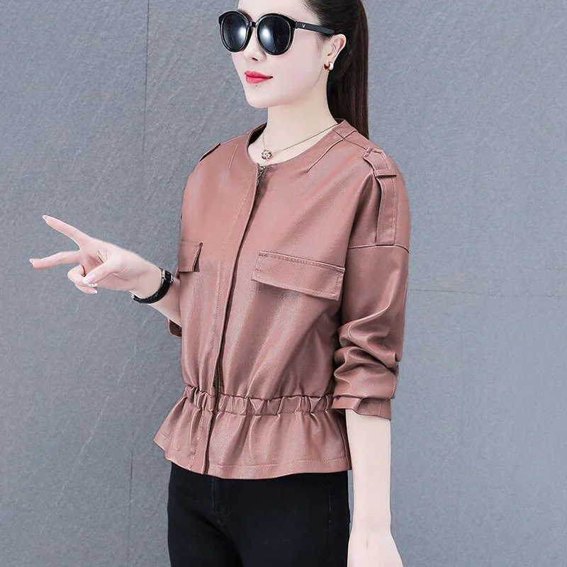 패션 PU 가죽 자켓 여성 봄 가을 짧은 재킷 한국어 스타일 세련된 코트 겉옷 기관차 의류 여성 2022 Ne