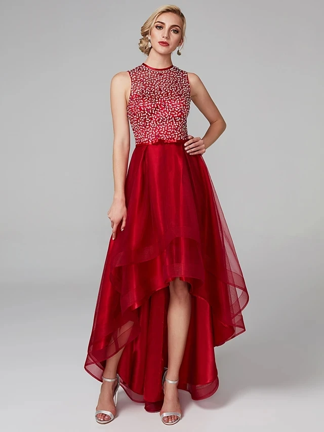 Robe De Cocktail asymétrique, rouge brillant scintillant, haut et bas, trou De serrure, col sans manches, wel, perles, 2021