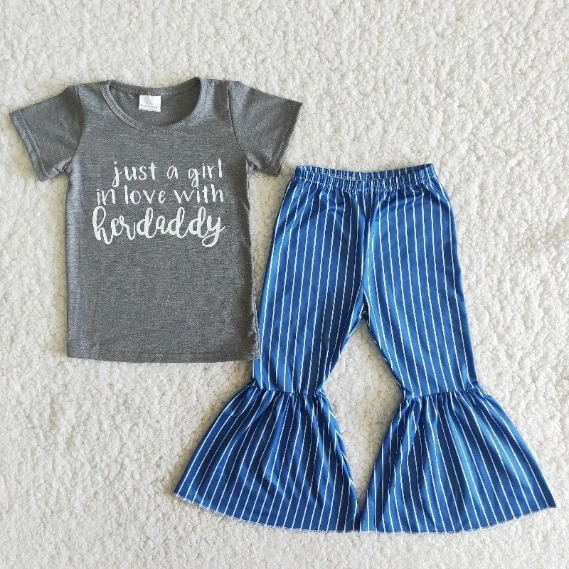 Wholesale Children Boutique Clothes Baby Set Just A Girl In Love Her Daddy Gray Shirt Blue Striped Bell-Bottomed Pants Outfit