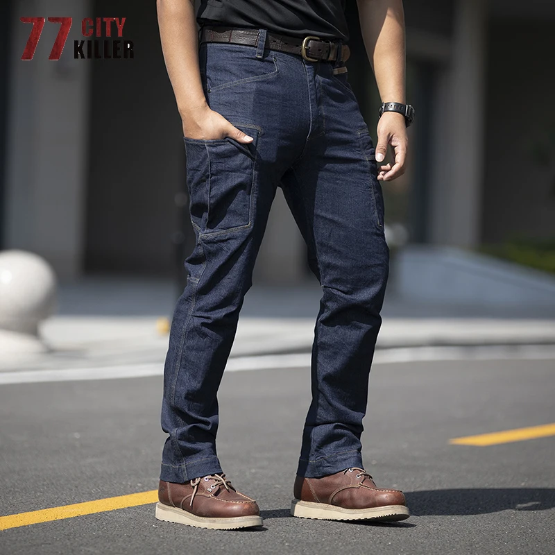 

City Commute Denim Pants Men Wear-resistant Tactical Elasticity Trousers Men Casual Multi-Pockets Joggers Mens Jeans Size S-2XL