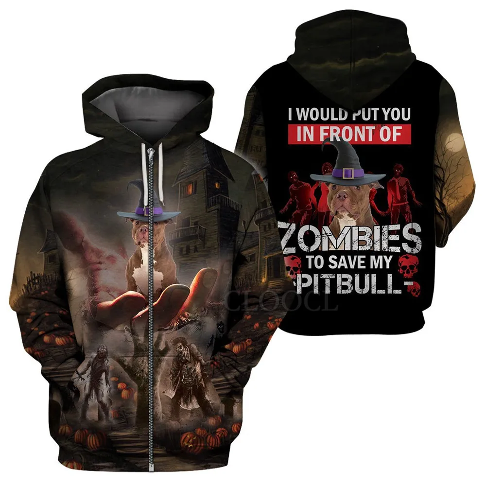 HX Halloween Zipper Hoodies 3D Graphic Dog Pitbull And Zombie Hoodie Pocket Casual Sweatshirts Harajuku Men Clothing