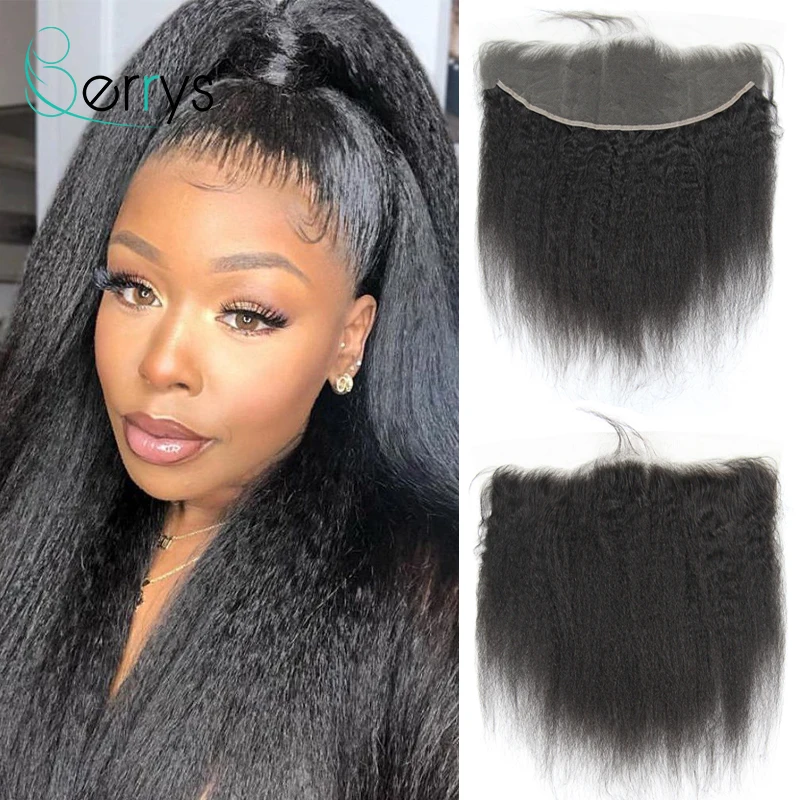 

10A Brazilian Human Hair Kinky Straight 13x4 Lace Frontal Natural Color 150 Density Virgin Hair With Baby Hair