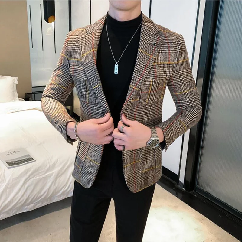 2024 Brand clothing Men\'s High Quality business suit/Male slim fit plaid Leisure Blazers/Man plaid Jackets Plus size S-3XL