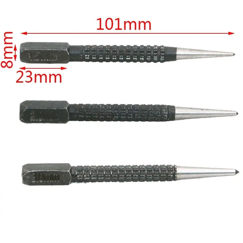3PC 1.5/2/3มม.เหล็กคาร์บอน Center Punch ชุด10.1ซม.กลาง punch สำหรับโลหะผสมโลหะไม้เครื่องหมายเจาะเครื่องมือ