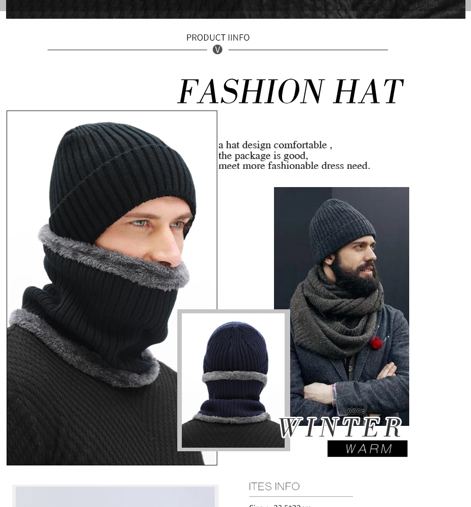 Winter herren Schal Gestrickte Hut Set Maske Warm Caps Plus Samt Dicke Mützen Für Männer Skullies Mützen Frauen Kappe mode Balaclava – Detail 2
