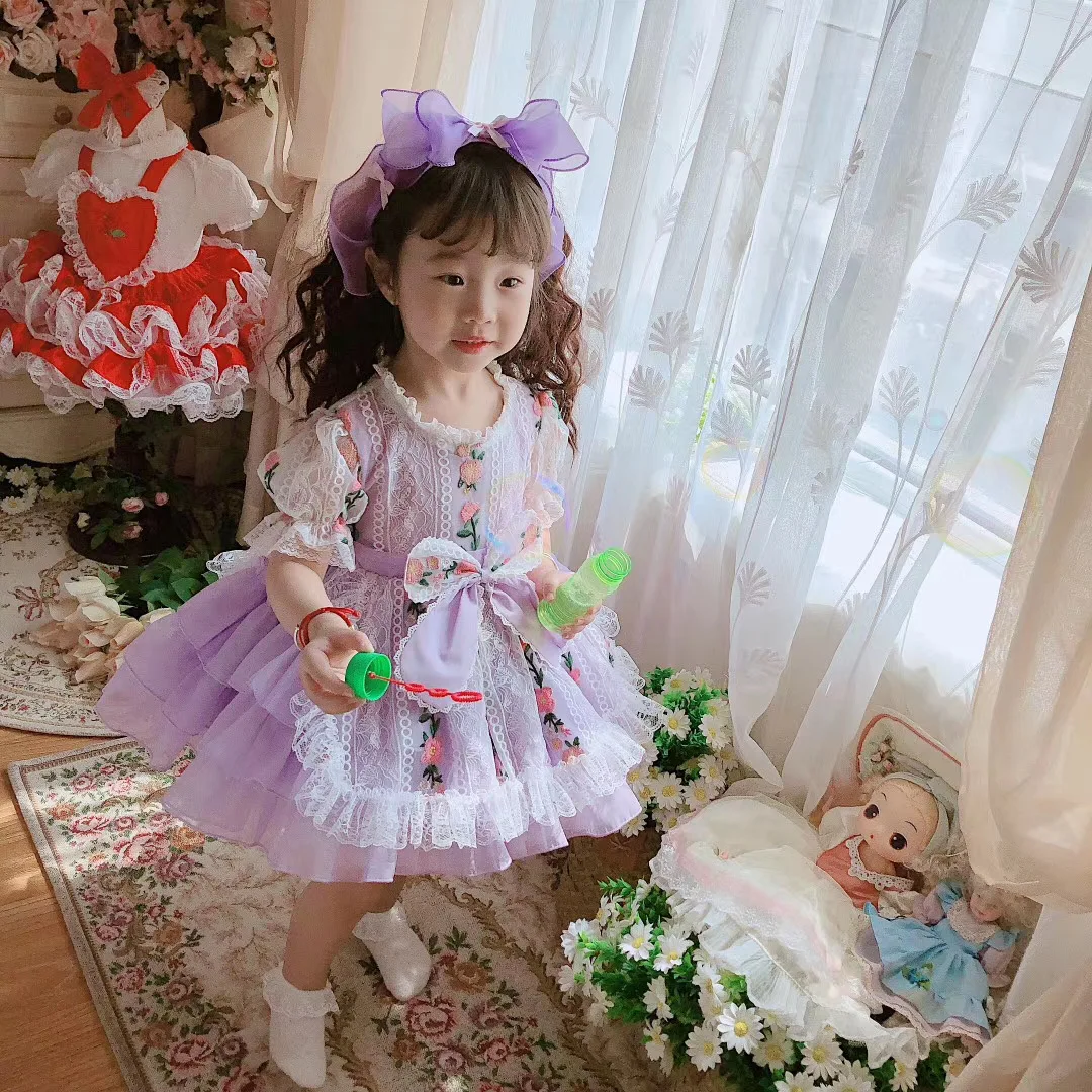 

0-12Y Baby Girl Summer Purple Lace Vintage Spanish Ball Gown Lolita Princess Dress for Easter Eid Birthday Party Casual Clothes