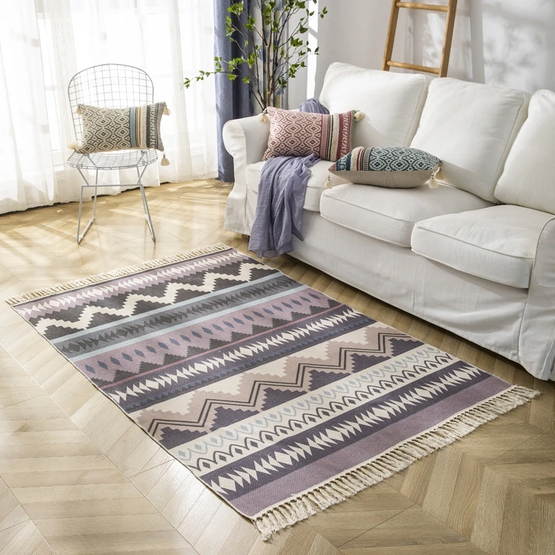 

Bohemian Floor Mat With Tassels Handmade Cotton Linen Bedroom Bedside Hallway Area Rugs Living Room Sofa Table Blanket Carpet