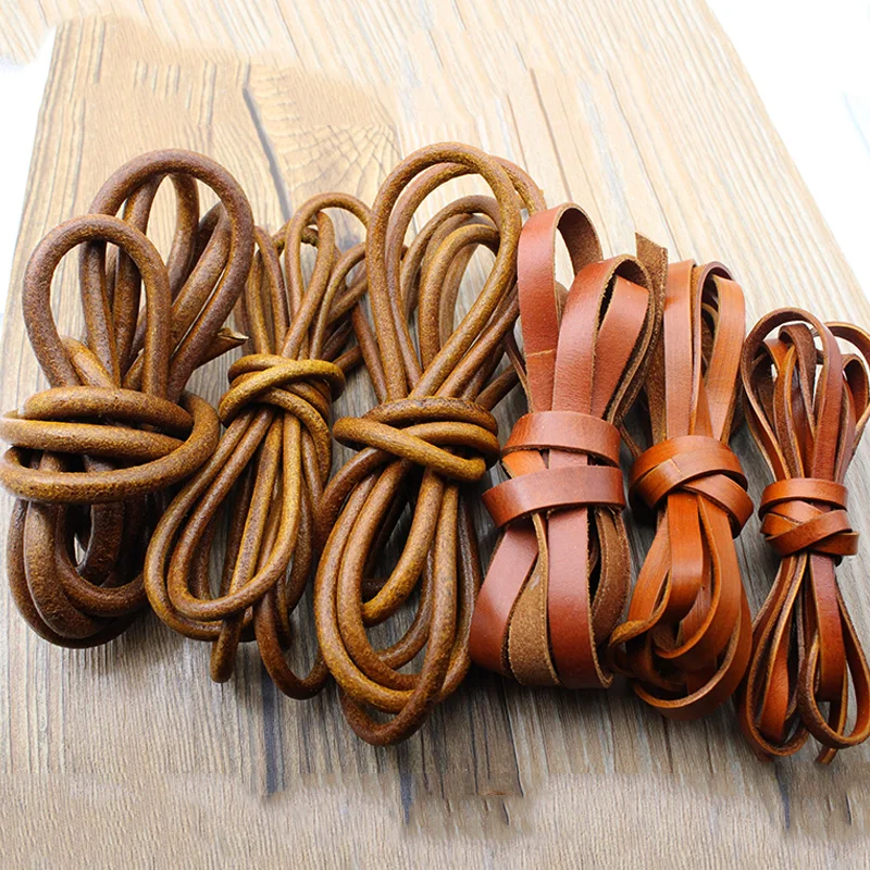 2m 1.5- 8 mm Retro Brown Genuine Cow Leather Cord for Jewelry Findings Flat Round Strap String Rope DIY Bracelet Necklace Making