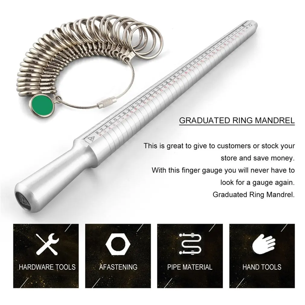 GENBOLI Metal Ring Sizer Set Measuring Ring with Rings Mandrel Sizer Finger Sizing Measuring Stick Ring Jewelry Tools Set A30