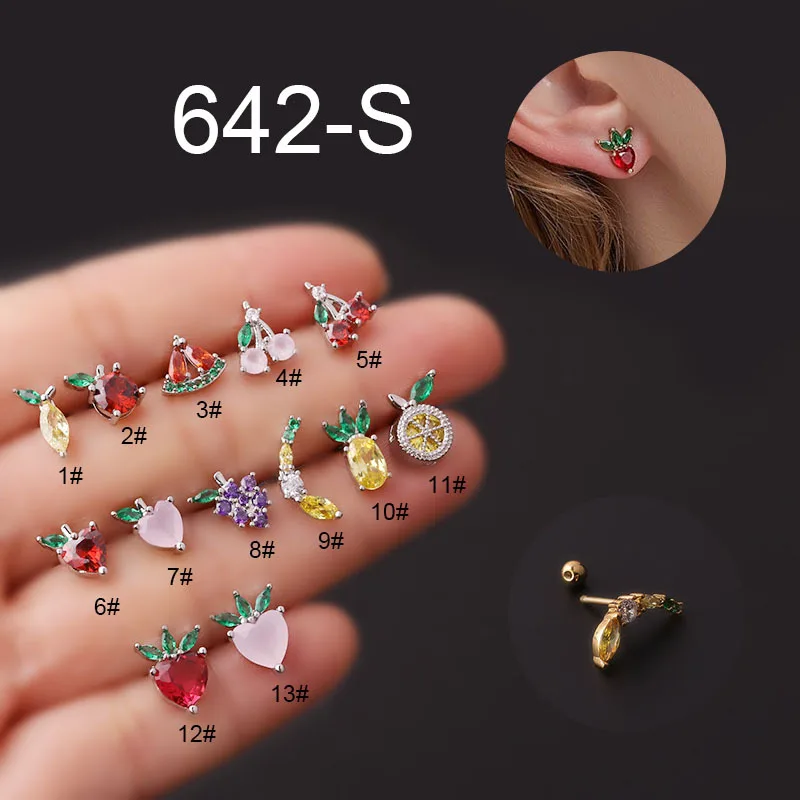 1PC 20G Cute Fruit Cartilage Earrings for Women Zircon Crystal Banana Apple Peach Small Stud Earrings Helix Ear Piercing Jewelry