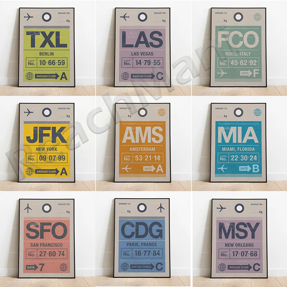 

Paris, Ibiza, Rome, Las Vegas, Miami, Portugal, Ireland, Barcelona, San Francisco, Germany flying luggage tags travel poster