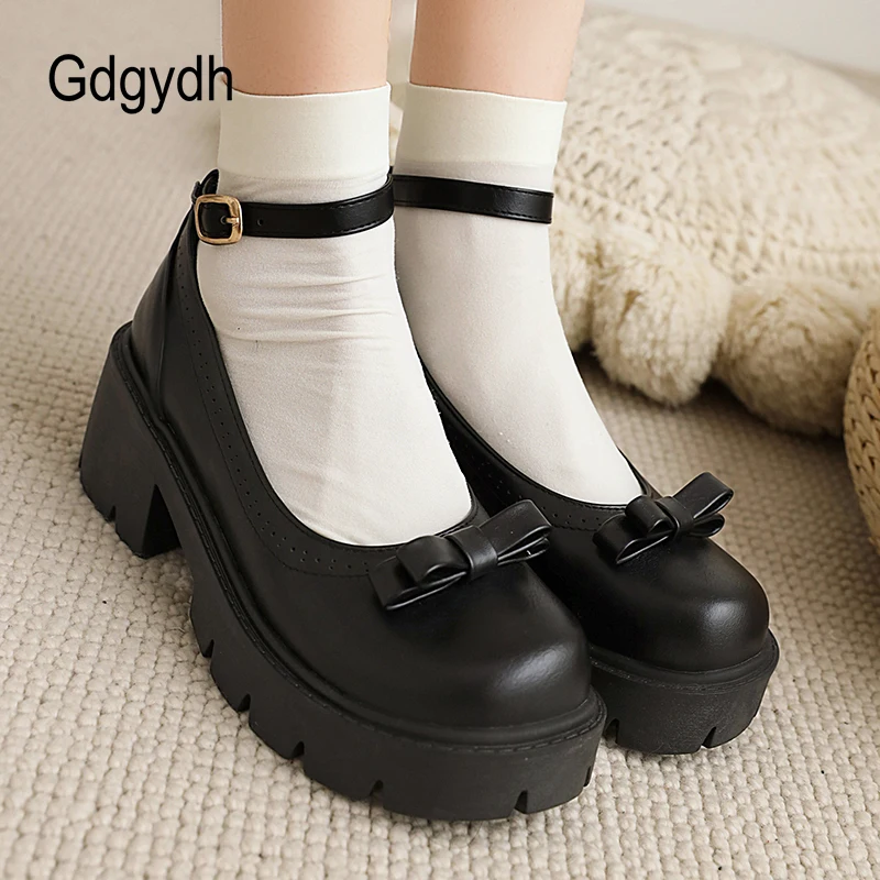 Gdgydh Bowknot Round Toe Ankle Buckle Lolita Shoes Girls Spring Summer Platform Heel Dropship Student Shoes College Girl Lolita