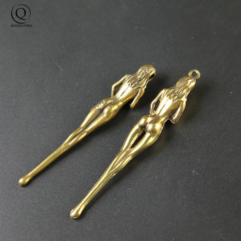 Creative Brass Beauty Women Keychain Pendants Pure Copper Handmade Goddess Ear Pick Tool Gift Men Car Key Chain Keyring Hangings