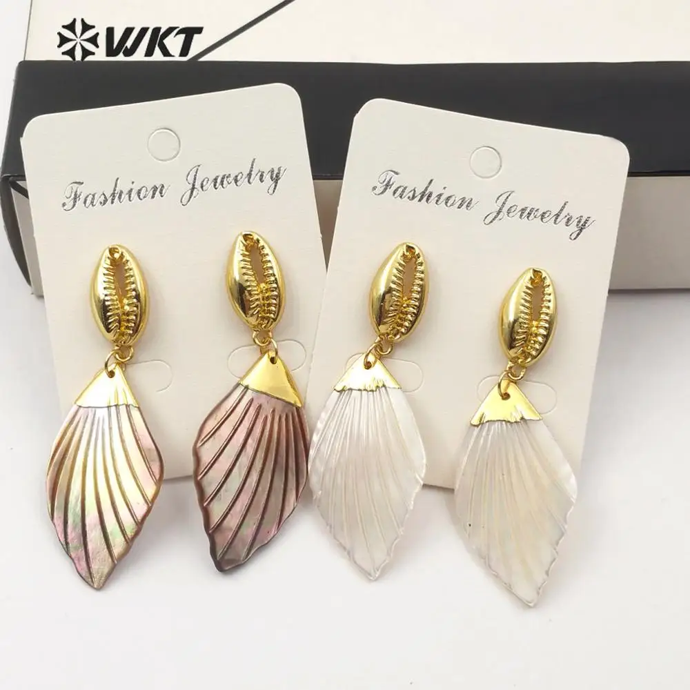 WT-E573 Natural Shell Earrings Leaf Shape With Gold Electroplated Cowrie Shell Stud Earring  Fashion Woman  Sea Shell  Jewelry
