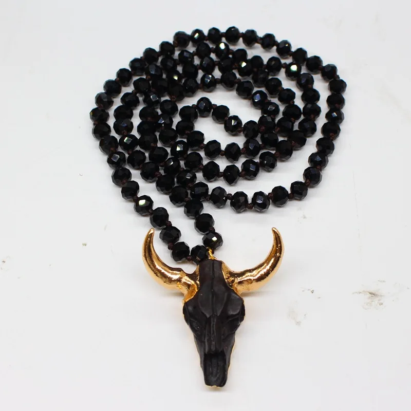 Bohemian Tribal Jewelry Long Knotted Handmade Paved Bull Head Pendant Necklace For Women Ethnic Beads Necklace Sweater Chain