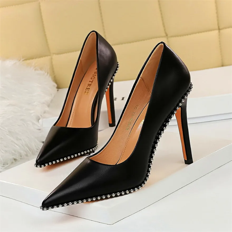 BIGTREE Sexy Rivets String Bead Women\'s Shoes Party Soft Leather Pointed Toe High Heels Pumps Spring Shallow Office Shoes Women