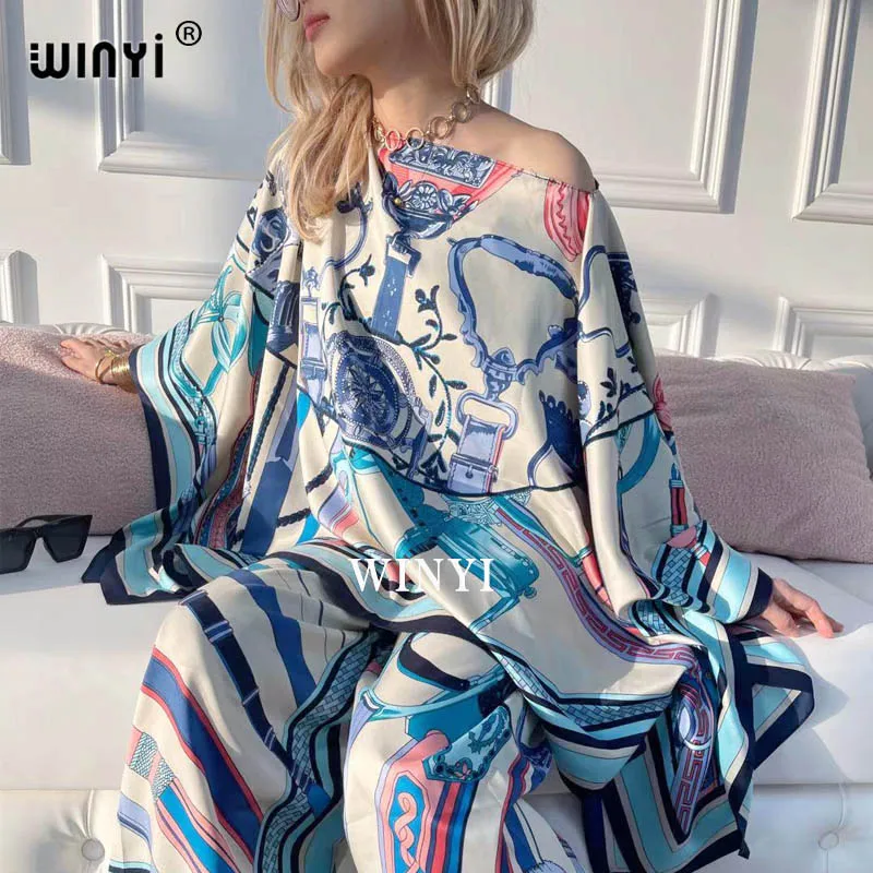 WINYI-traje de dos piezas con estampado bohemio para mujer, Vestido de manga de murciélago, seda elástica, largo hasta el suelo, talla grande,