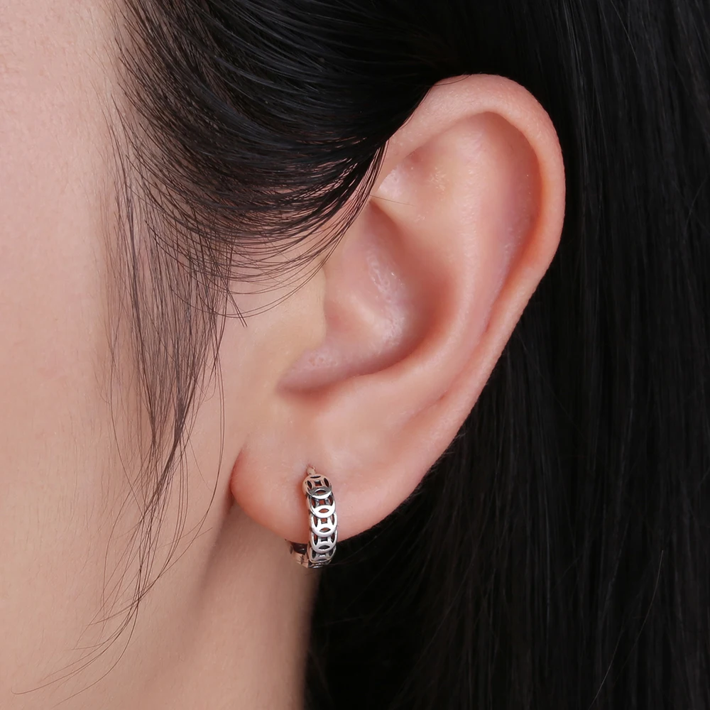 Retro 925 Sterling Silver Small Hollow Out Hoop Earrings for Women Girls Punk 2021 Geometry New Copper Coin Chinese Elements