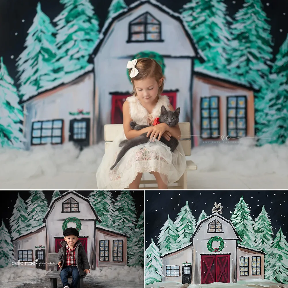 Winter Kids Birthday Artistic Photo Background Oil Painting Christmas Newborn Baby Portrait Backdrop Snow-house Pine Photography