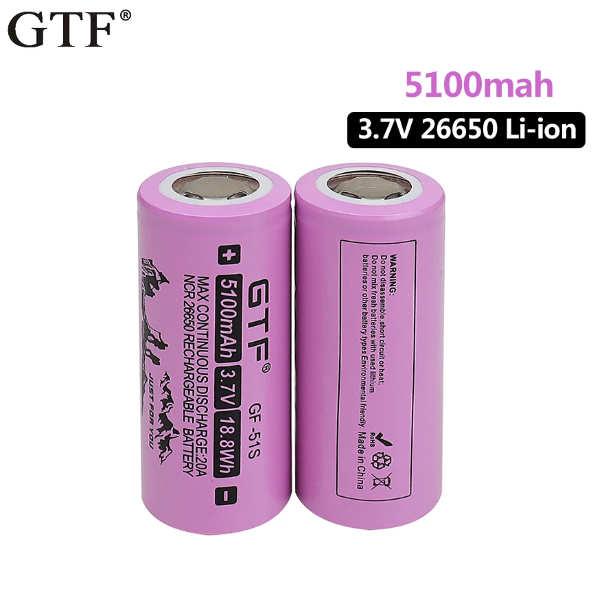 1-10pcs GTF 26650 Rechargeable Lithium Battery 5100mah 3.7V 26650A 20A Power Li-ion Battery for Flashlight LED Headlight E-Tools