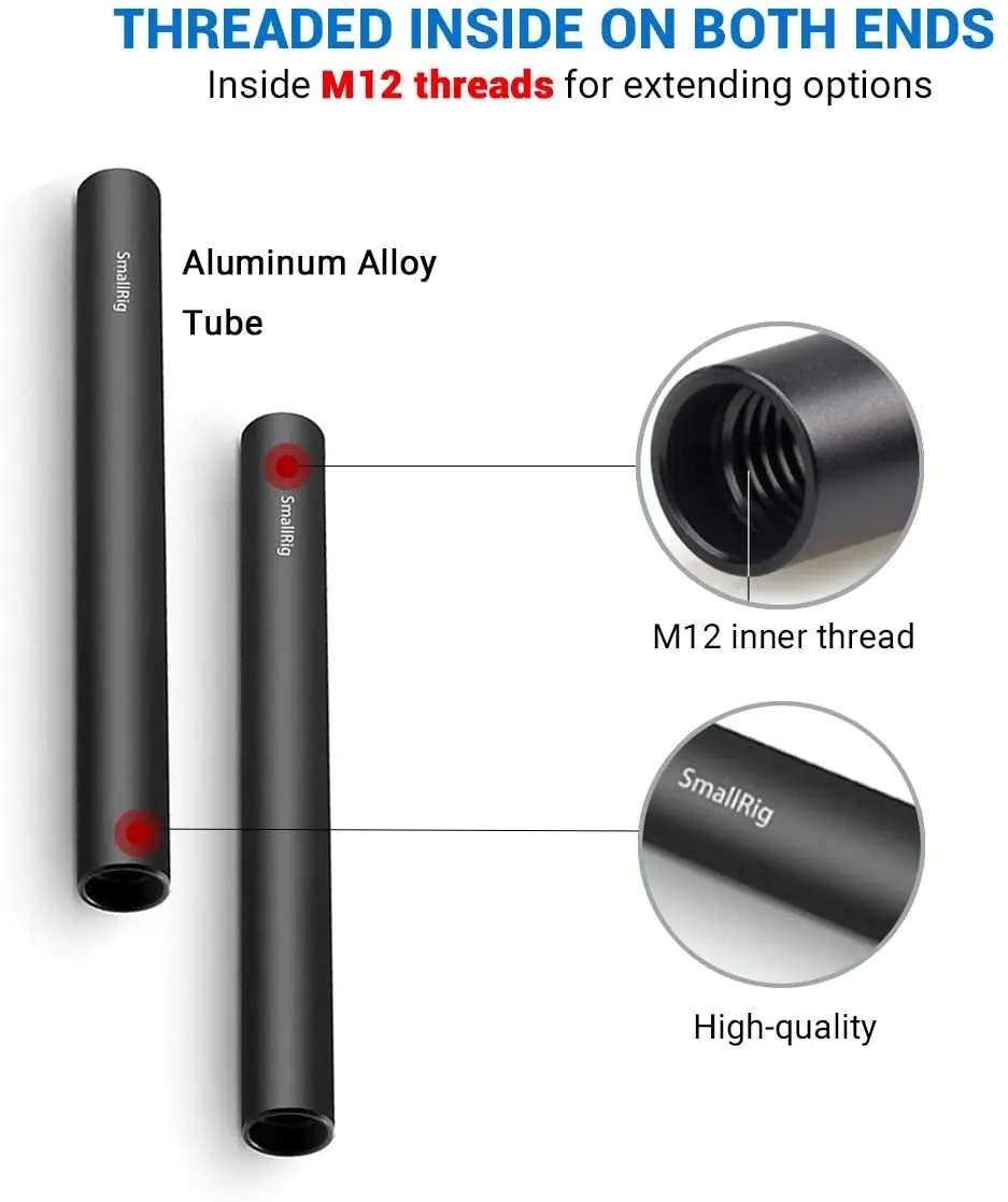 SmallRig Camera Rail Rod Set, liga de alumínio, DSLR Camera, M12, fio fêmea, 1049, 10 cm, 15mm, 4 \