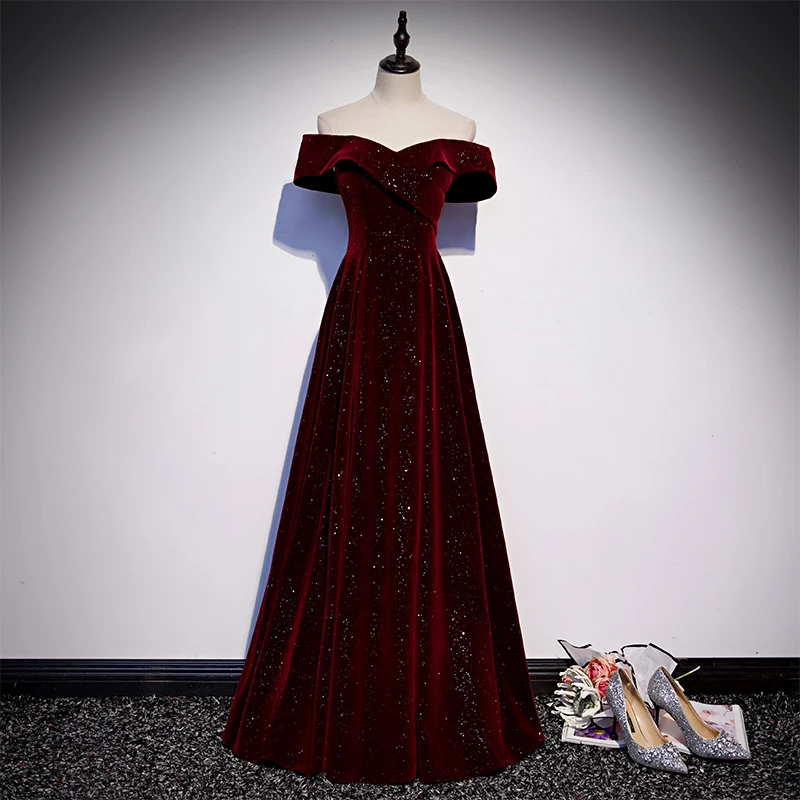 

Customized Evening Dress Wine Red Flannel Off the Shoulder A-Line Zipper Floor-Length Plus size Woman Party Formal Gown B970