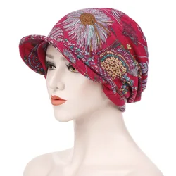 Moda donna stampa floreale cotone mantenere caldo inverno berretto a tesa larga Turbante visiera cappello Turbante mujer