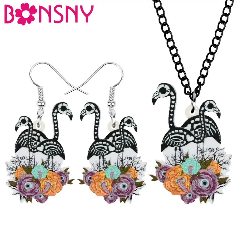 

Bonsny Acrylic Halloween Flower Flamingo Skull Eyeball Jewelry Sets Festival Earrings Necklace For Women Kids Teens Gift Charms