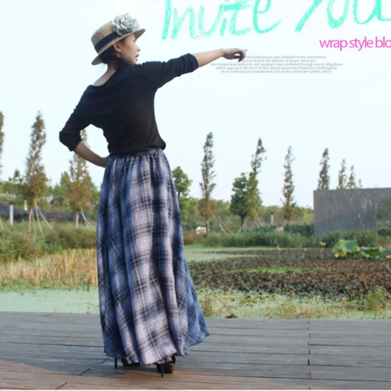 TIYIHAILEY Spring Summer Long Maxi Cotton Skirts Plaid Printed Blue Elastic Waist Autumn A-line Ladies Plus Size Blue Big Hem