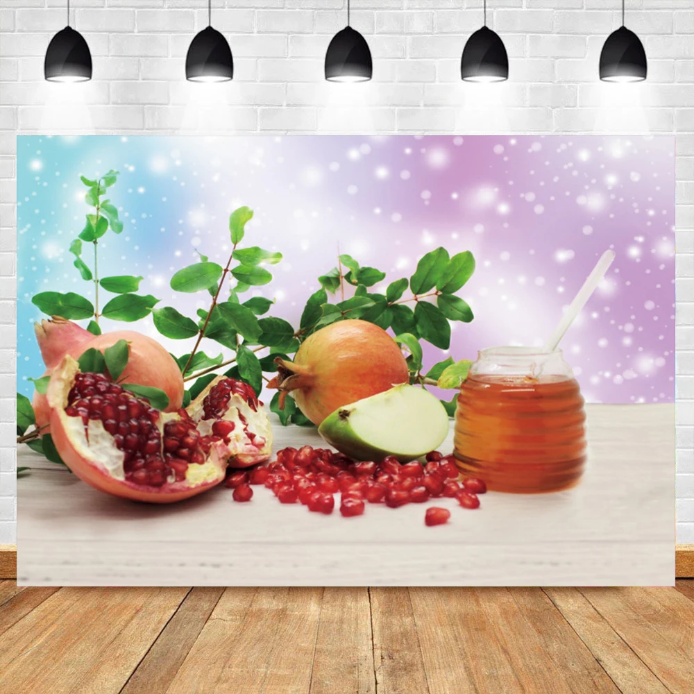 Laeacco Jewish Judaism Hanukkah New Year Party Poster Pomegranate Fruit Honey Photographic Backdrop Photography Background