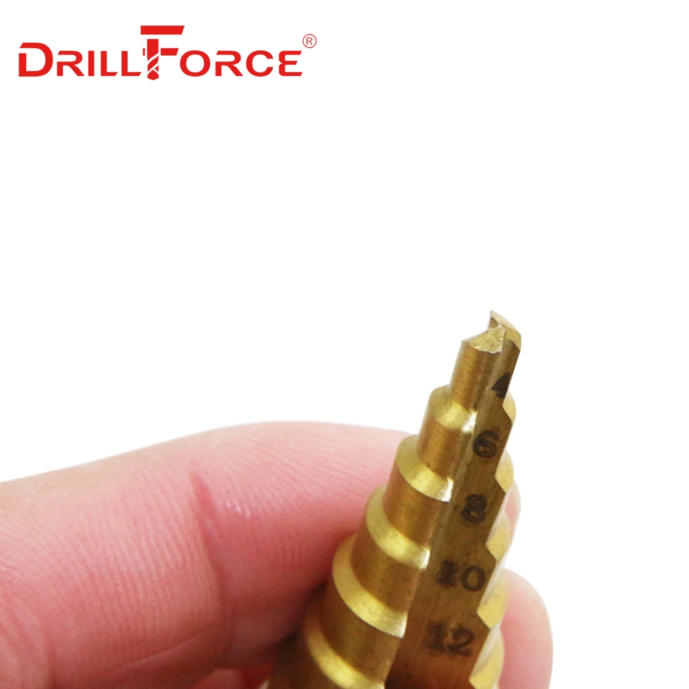 Drillforce التيتانيوم خطوة لقمة ثقب HSS دوامة مستقيم مخدد مثلث عرافة تغيير سريع عرقوب المعادن النجارة ثقب القاطع