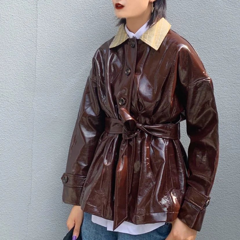 Glossy patent leather jackets female plaid pattern stitching single breasted was thin shiny leather jackets with belt  F49