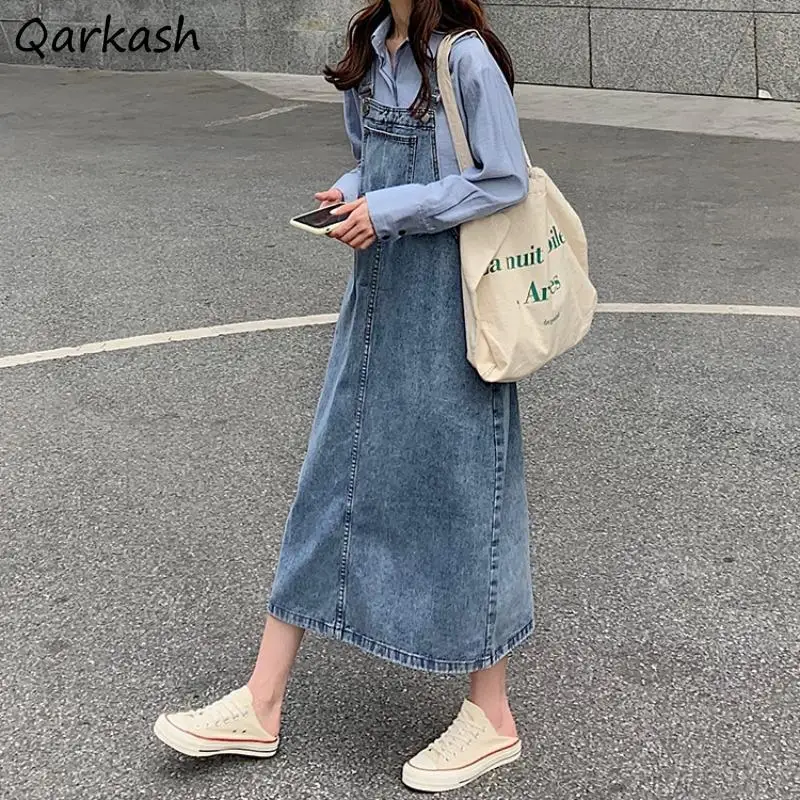 High Street Sleeveless Dress Women Chic Denim Multi Pockets Harajuku A-line Loose Waist Adjustable Strap French Retro Mid-calf