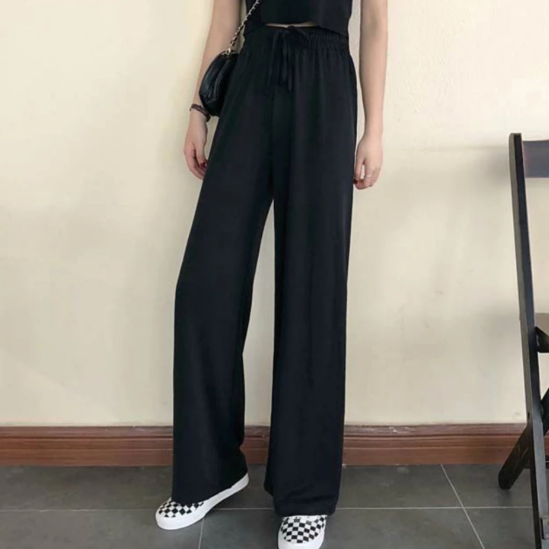 Wide Leg Pants Women Pure Black Lace-up Korean Style Loose Leisure High Waists Female Spring Long Daily Trousers Streetwear Fall