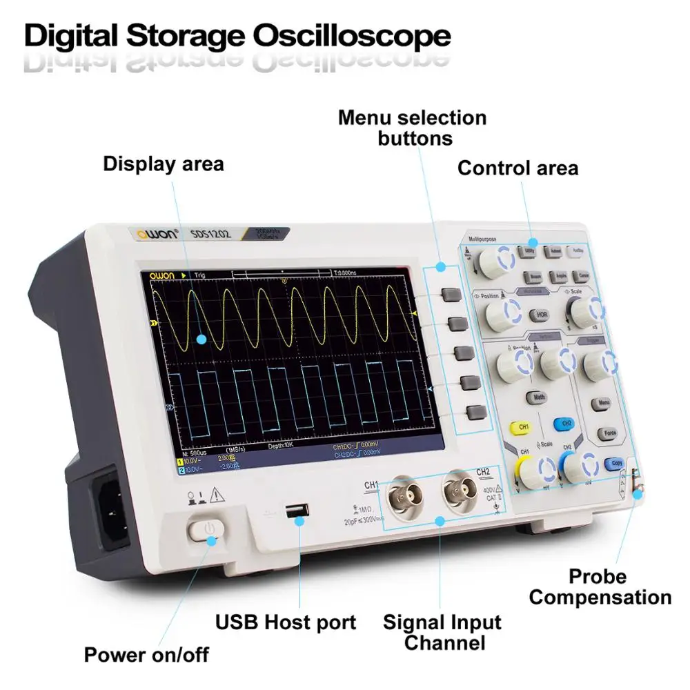 Imagem -02 - Osciloscópio Digital Canais Largura de Banda 200mhz Handheld Display Lcd Portátil Usb Owon-sds1202
