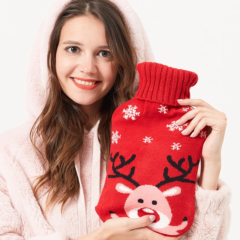 2000ml Christmas Hot Water Bag with Knitted Cover Female Kids Adult Keep on Feet Hand Warmer Rubber Hot Water Bottle Winter Warm