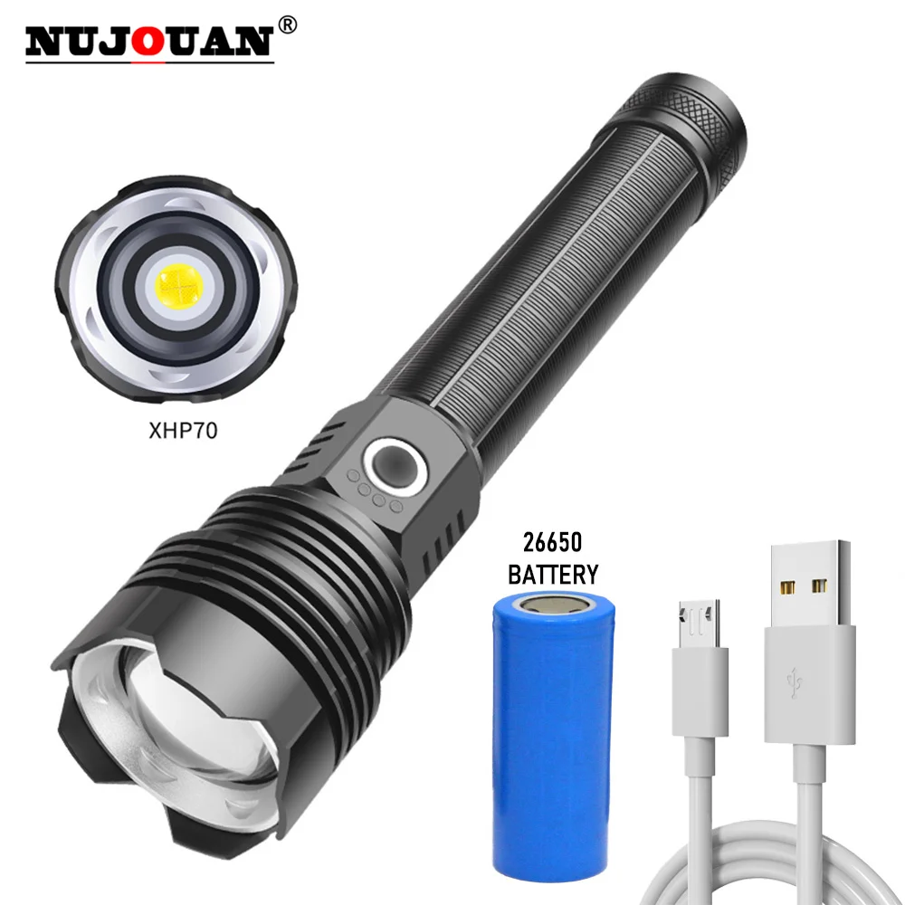 Powerful Flashlight XHP70.2 LED Waterproof Zoom Torch 5Modes USB Rechargeable Lamp Use 26650 Battery Portable Portable Lantern