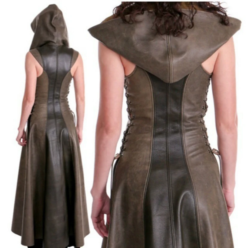 Frauen mode Sexy Dünne Spitze Up Leder Medieval Ranger Lange Kleid Erwachsene Mäntel Cosplay disfraz mujer Kostüm Halloween