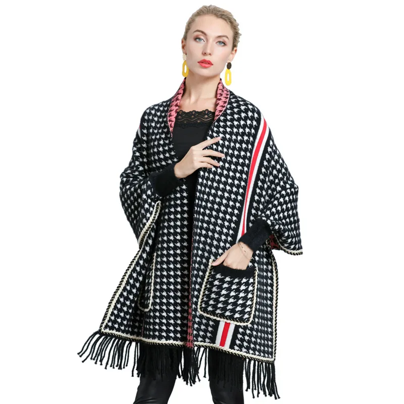 Women Winter Velvet Swallow Gird Cardigan Pocket Poncho Cloak Autumn Batwing Sleeves Houndstooth Cape Faux Mink Outstreet Wear