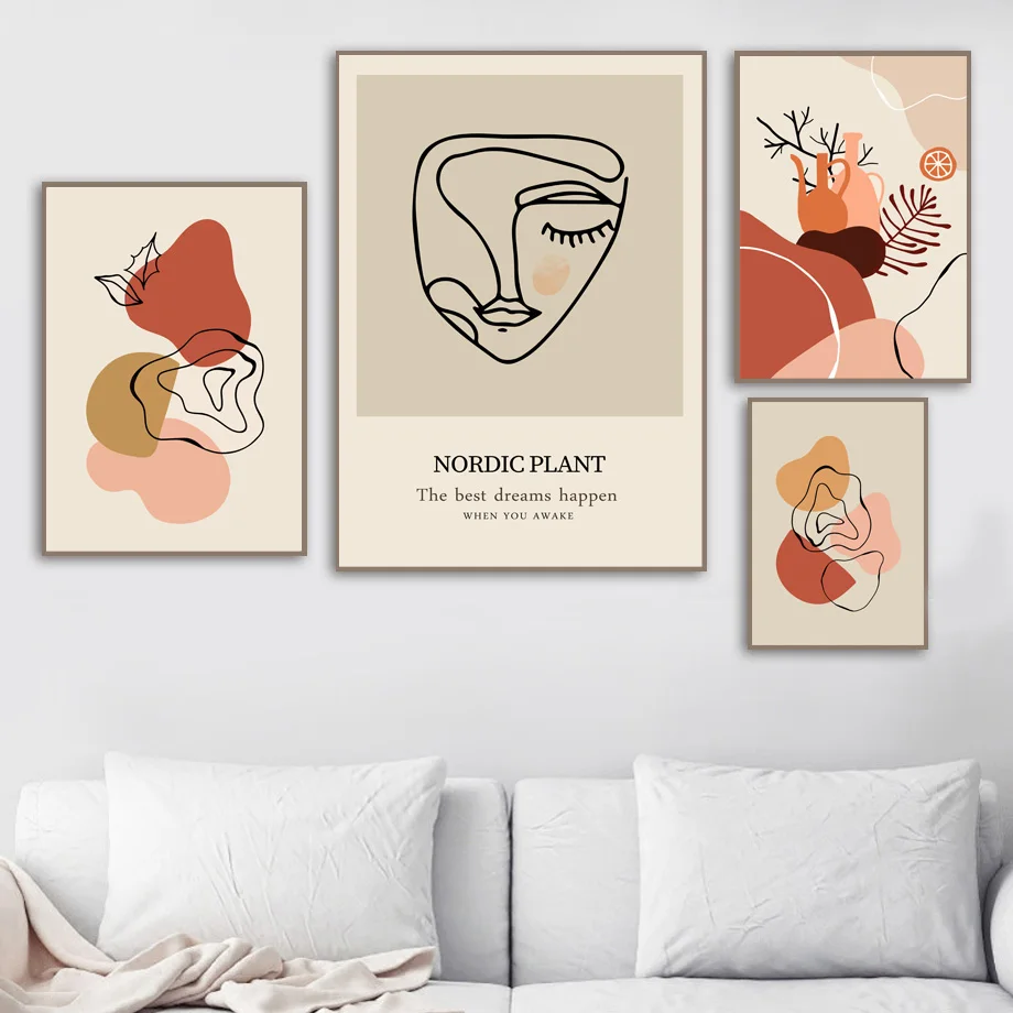 Abstract Line Drawing Face Plant Leaf Vase Wall Art Canvas Painting Posters And Prints Wall Pictures For Living Room Home Decor