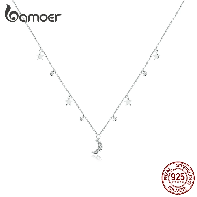 bamoer Authentic 925 Sterling Silver White Moon & Star Pendant Necklace for Women Chain Link Necklaces Silver 925 Jewelry SCN420