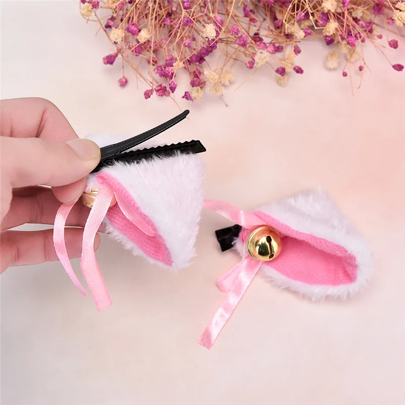 1 paio Lolita bianco orecchie di gatto nero con campana fermaglio per capelli Cosplay festa volpe pelliccia lunga Costume fermaglio per capelli regalo di Halloween accessorio per capelli