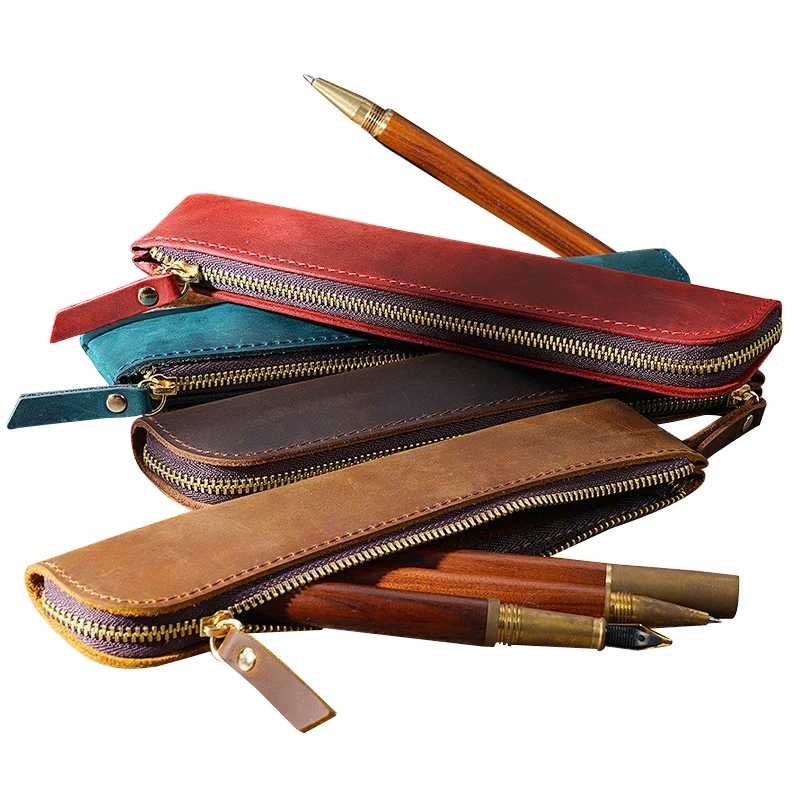 Genuine Cowhide Zipper Pencil Case Retro Leather Pen Bag Storage Pouch for Pens Stationery School Office Supplies 20*4.5cm