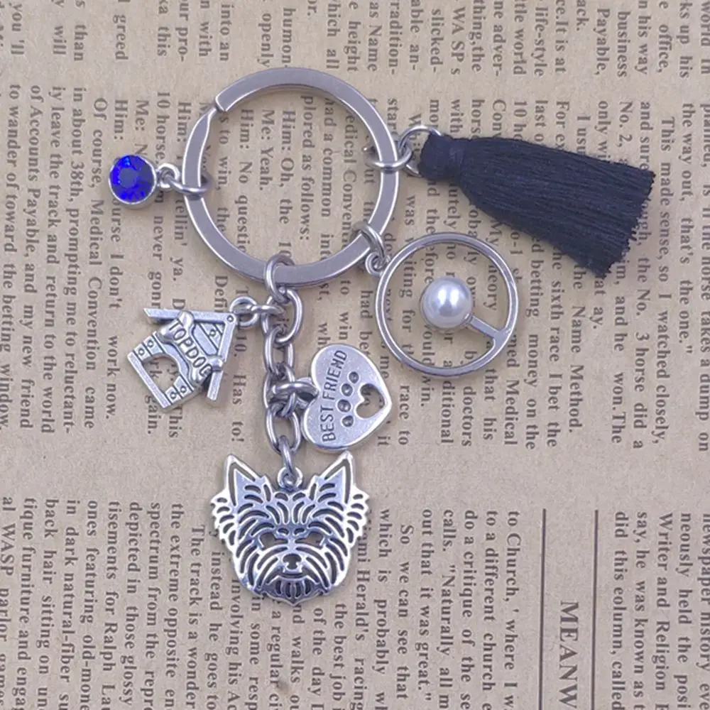 Yorkshire Terrier Dog Animal Ethnic Handmade Keychain Key Ring Pet Tassels Vintage Silver Color Women Men Jewelry K042-043-174